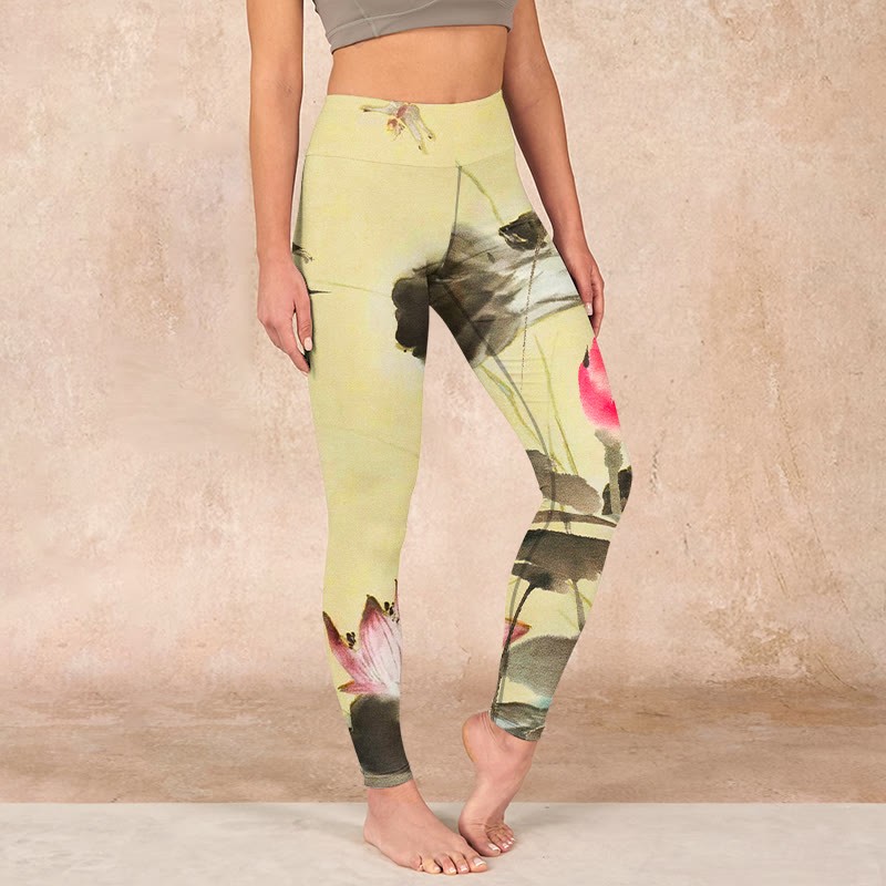 Pink Blooming And Unbloomed Lotus Print Gym Leggings Women's Yoga Pants