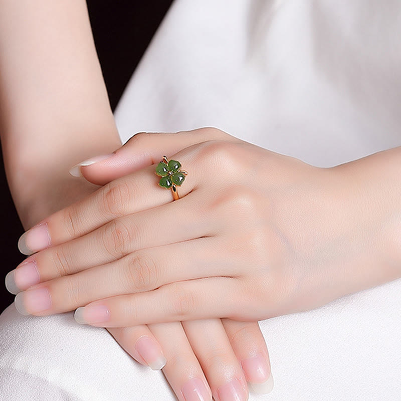 925 Sterling Silver Plated Gold Clover Hetian Cyan Jade Abundance Adjustable Ring