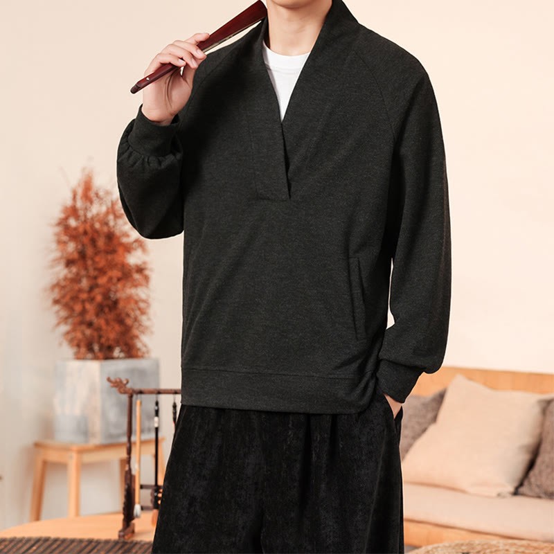 Fall Simple V-Neck Men's Sweatshirt Cotton Pullover With Pockets