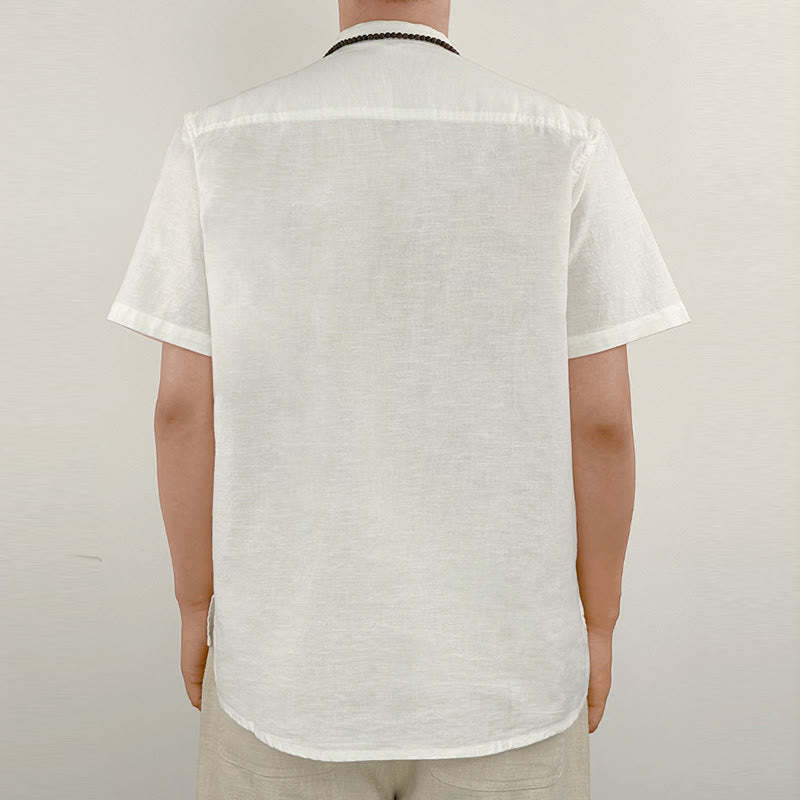 Solid Color Men Short Sleeve Button Linen Shirt