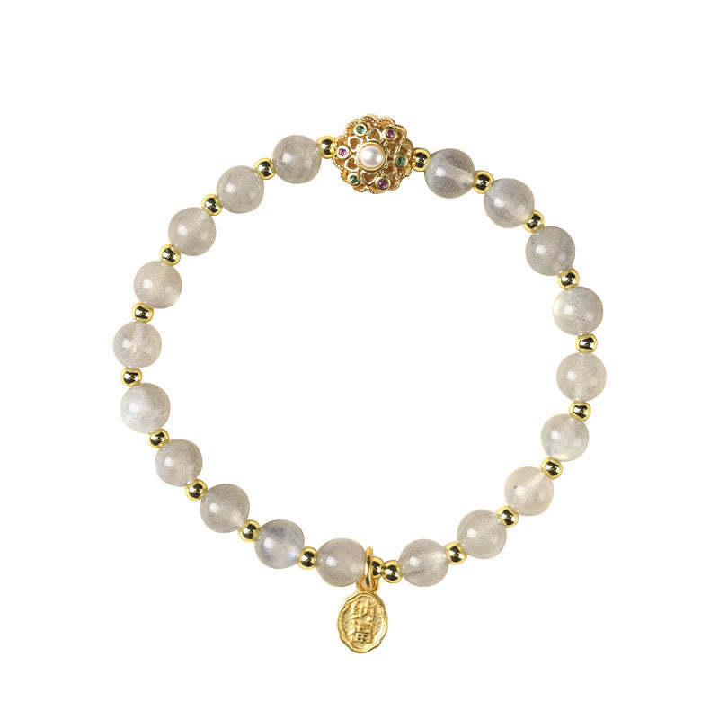 14K Gold Plated Natural Strawberry Quartz Labradorite Sun Stone Fu Character Positive Charm Bracelet