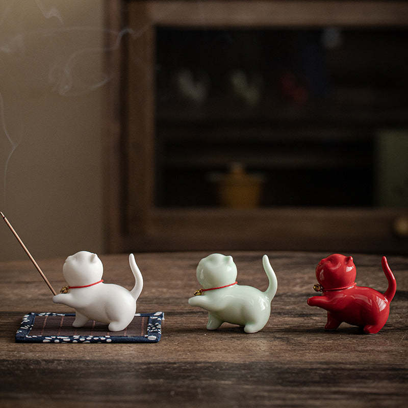 Mini Lucky Cat Kitten Tea Pet Ceramic Home Desk Figurine Decoration With Bamboo Mat