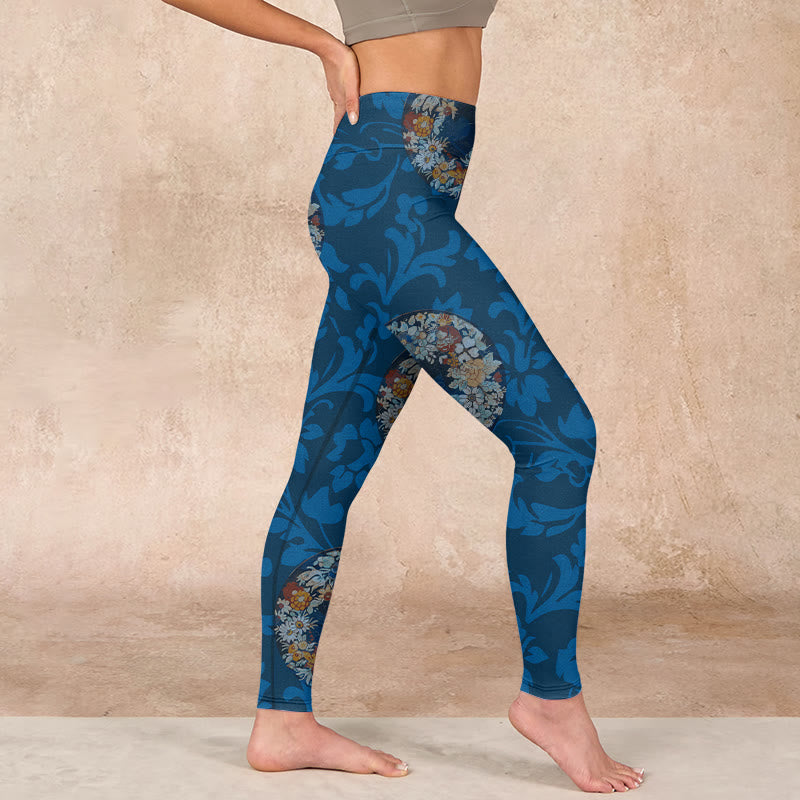 Dark Blue Flowers In Bloom Print Sports Leggings Women's Yoga Pants