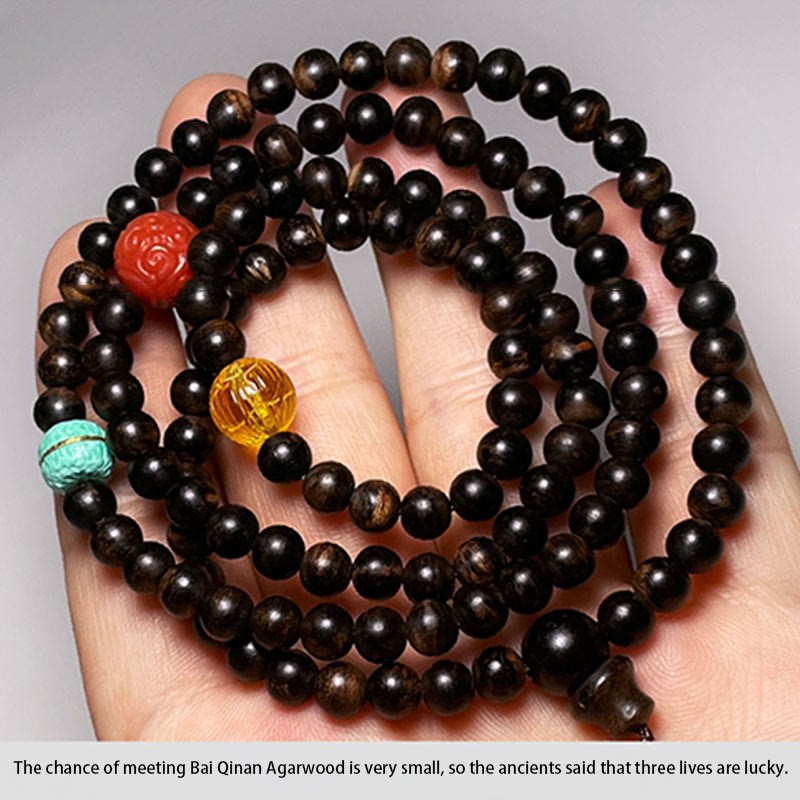 Nha Trang Bai Qinan Agarwood Turquoise Amber Red Agate Strength Meditation Bracelet