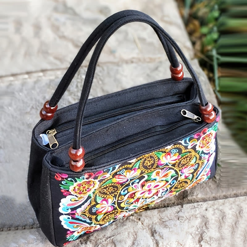 Galsang Inula Flower Peony Peacock Double-Sided Embroidery Canvas Shopping Purse Handbag