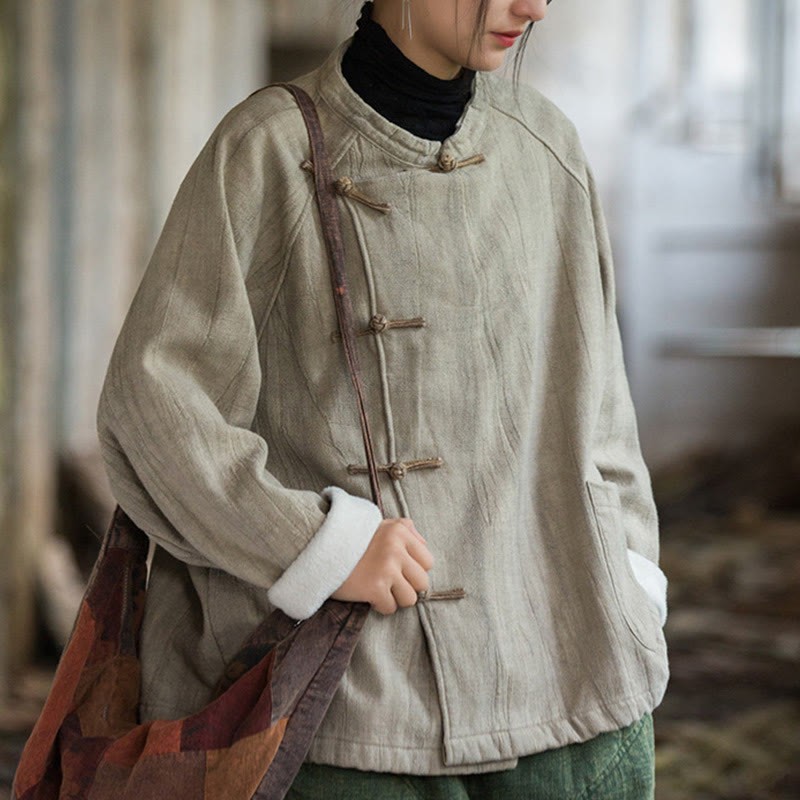 Solid Color Frog-button Thermal Long Sleeve Ramie Linen Women's Shirt