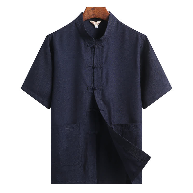 Frog-Button Fu Character Dragon Bamboo Leaf Chinese Tang Suit Short Sleeve Shirt Linen With Pockets