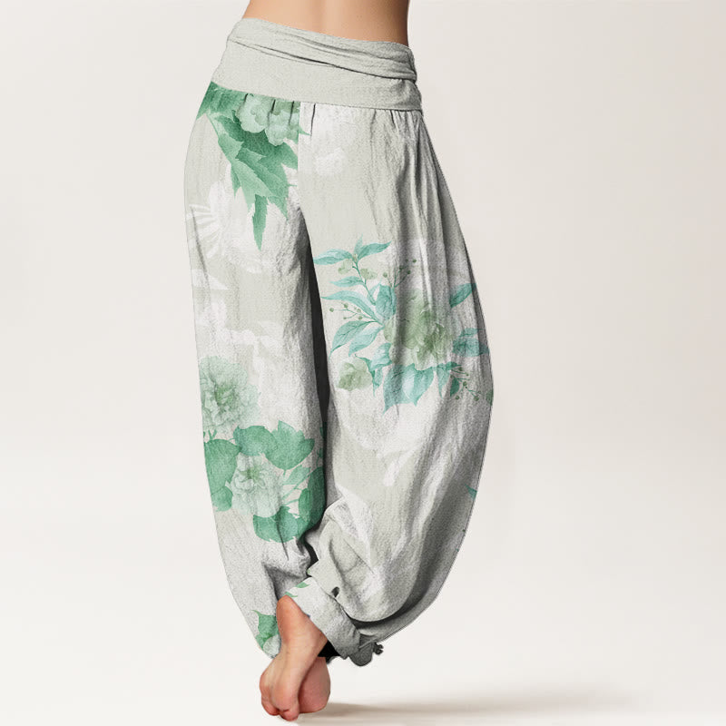 Flowers White Leaves Women's Elastic Waist Harem Pants