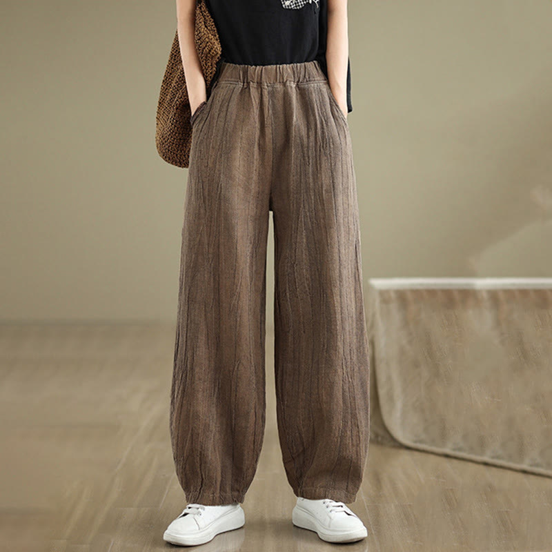 Plain Color Wrinkled Design Elastic Waistband Cotton Linen Women's Pants With Pockets
