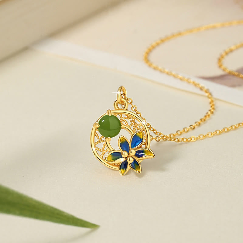 925 Sterling Silver Natural Hetian Cyan Jade Flower Luck Necklace Pendant Ring Earrings Set
