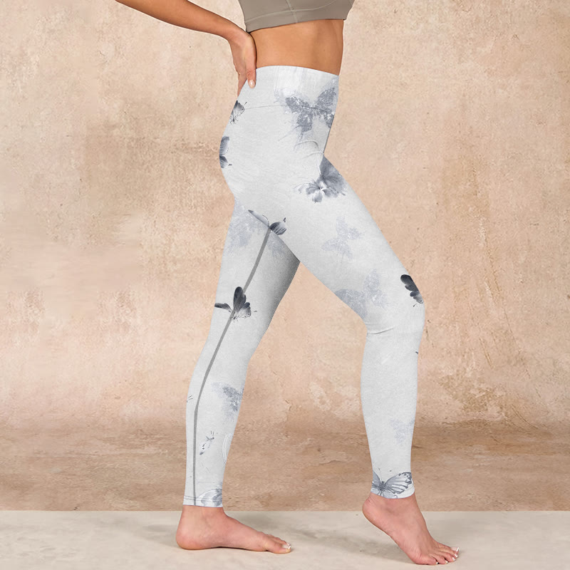 White Gray Butterfly Print Sports Leggings Women's Yoga Pants