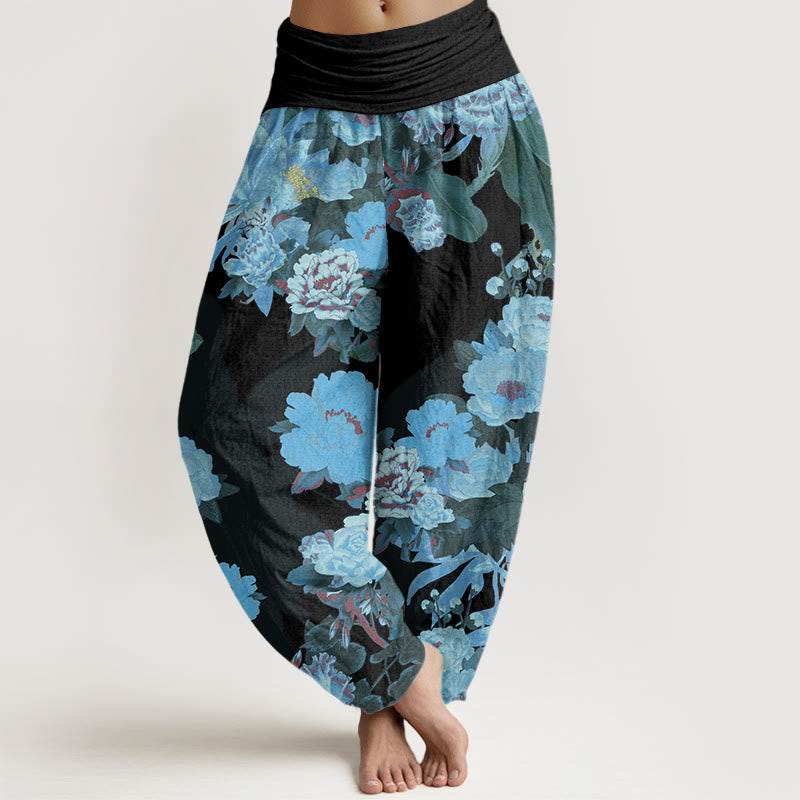 Casual Peony Lotus Leaves Pattern Women's Elastic Waist Harem Pants
