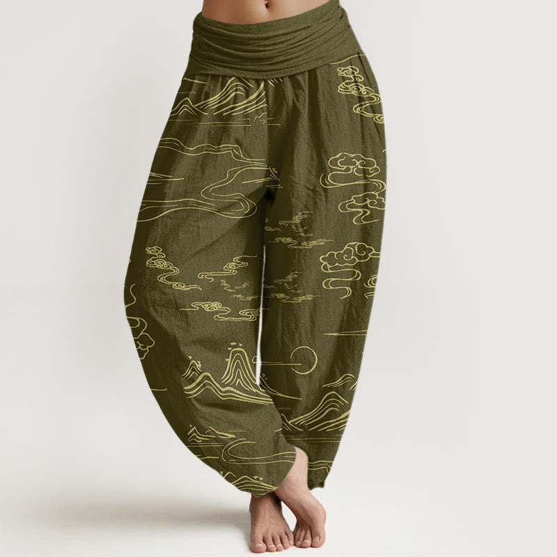 Mountain Moon Auspicious Clouds Pattern Women's Elastic Waist Harem Pants