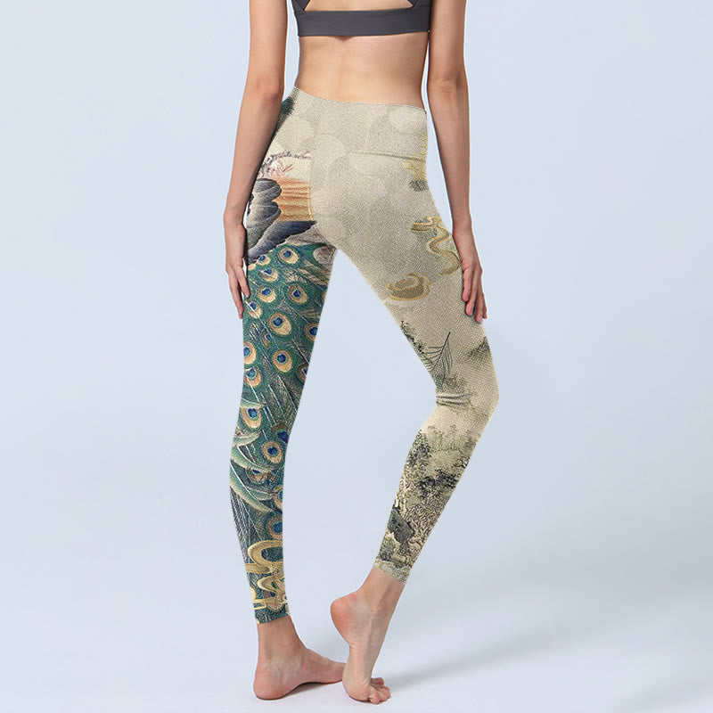 Peacock Auspicious Clouds Mountain Flowers Print Gym Leggings Women's Yoga Pants
