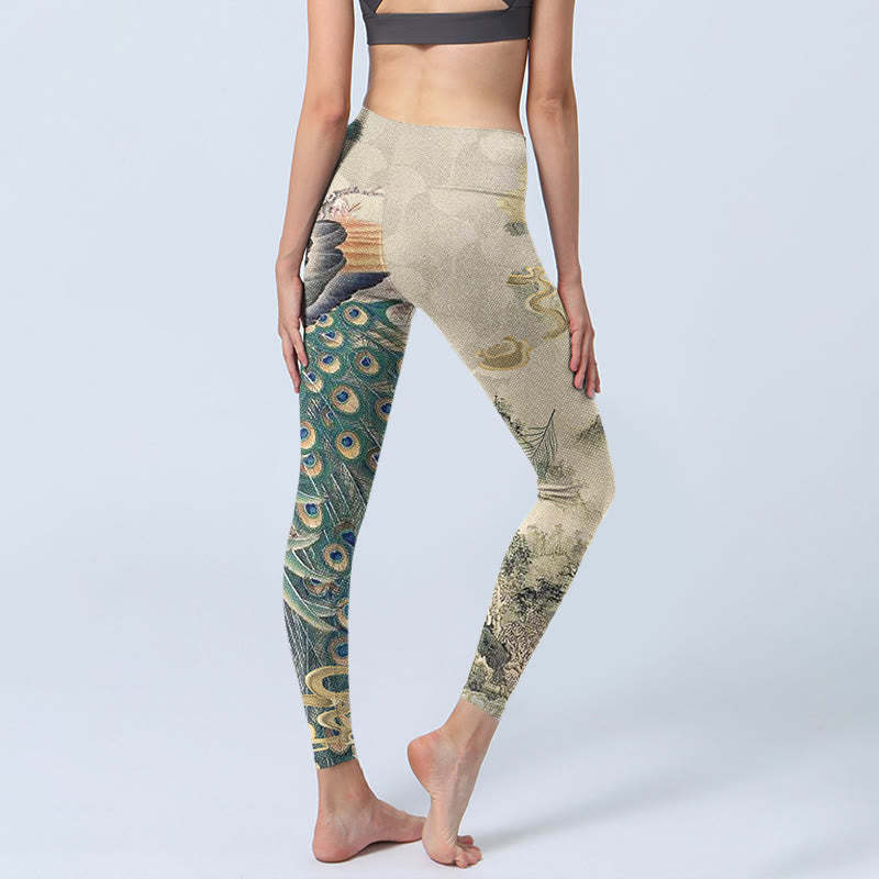 Peacock Auspicious Clouds Mountain Flowers Print Gym Leggings Women's Yoga Pants