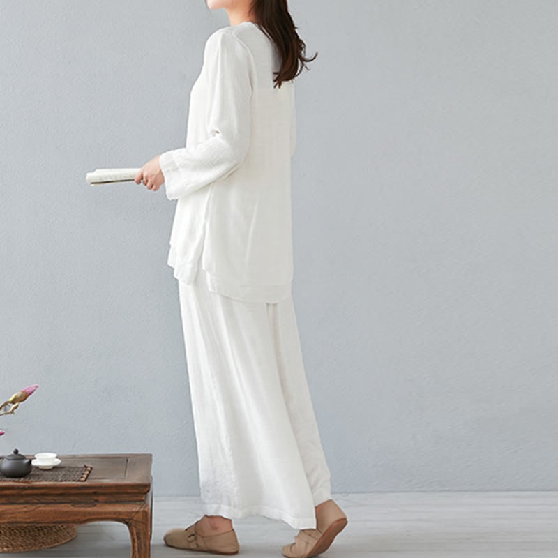 2Pcs Three Quarter Sleeve Long Sleeve Shirt Wide Leg Pants Meditation Cotton Linen Clothing Women's Set