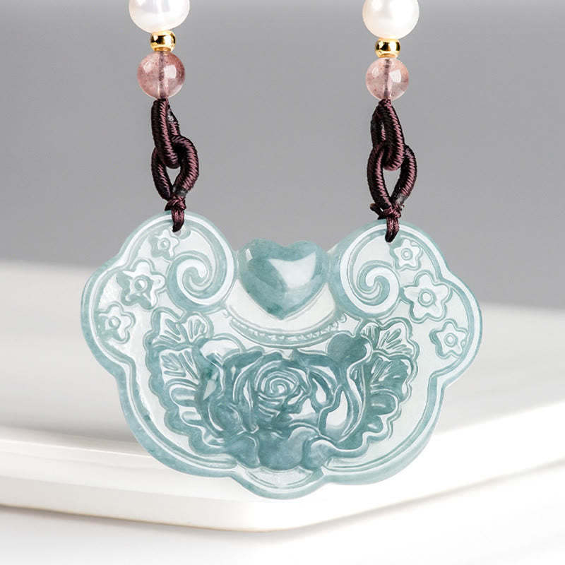 Natural Jade Peony Flower Lock of Good Wishes Prosperity Necklace Pendant