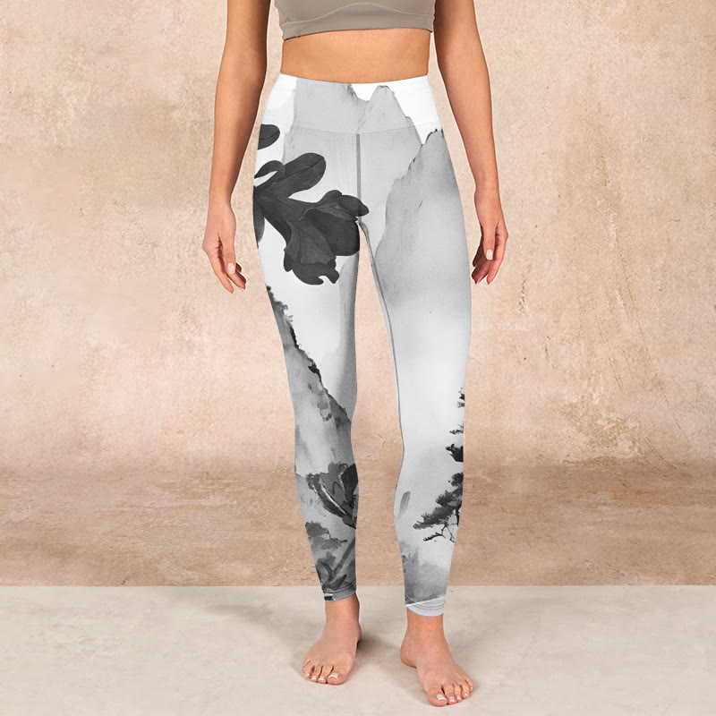 Ink Painting Trees Mountains Scenery Print Gym Leggings Women's Yoga Pants