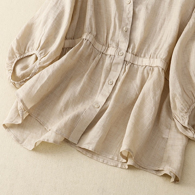 Spring Plain Button Half Puff Sleeve Waisted V-Neck Cotton Linen Women's Shirt