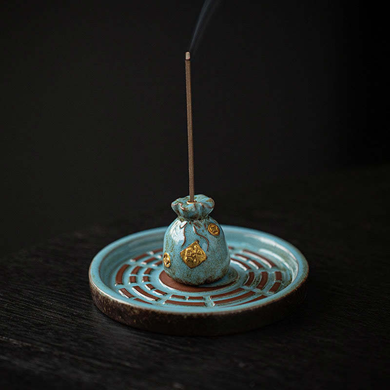 Small Treasure Bowl Lucky Bag Bagua Tray Healing Ceramic Stick Incense Burner Decoration