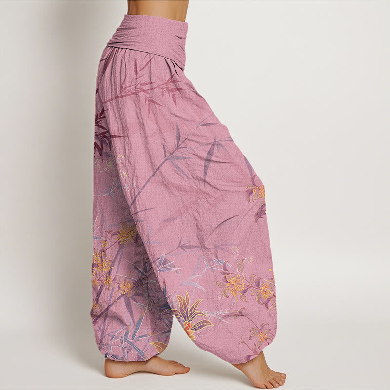 Blooming Flowers Bamboo?Pattern Women's Elastic Waist Harem Pants