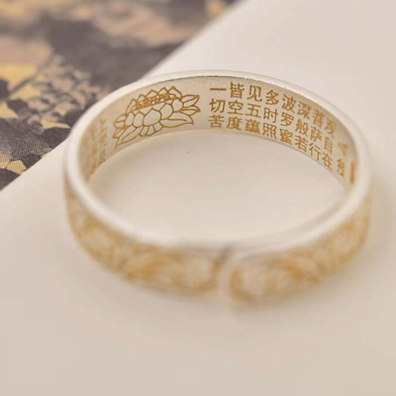 mystic zen Stone 999 Sterling Silver Gold-Painted Joyful Flower Pattern Peaceful Heart Sutra Ring