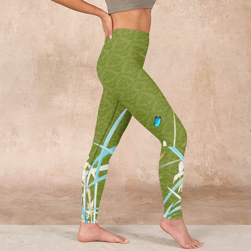 Green Butterfly Orchid Flowers Print Gym Leggings Women's Yoga Pants