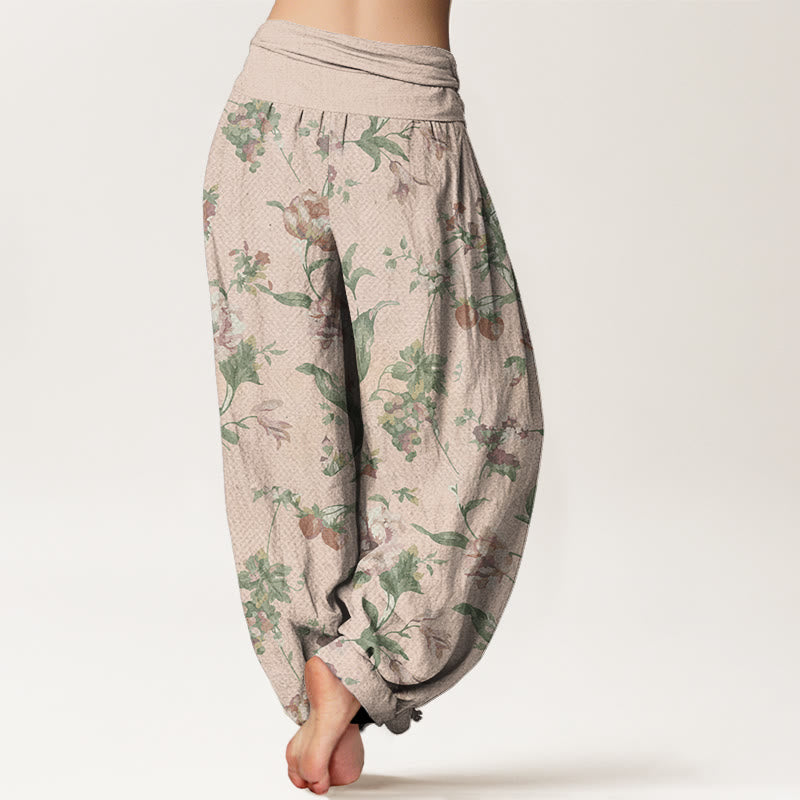 Casual Pink Flowers Pattern Women's Elastic Waist Harem Pants