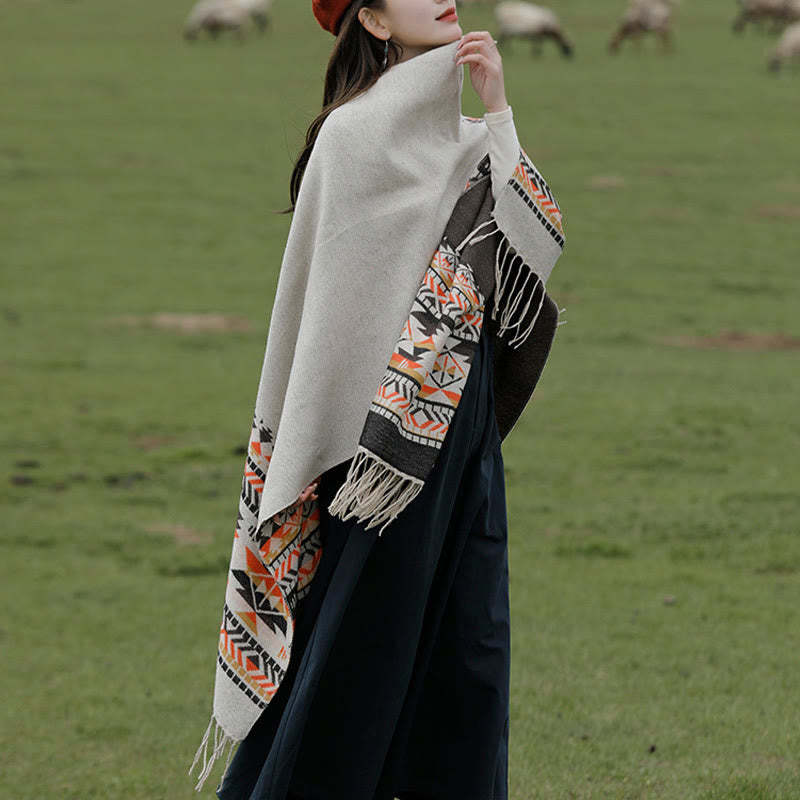 Tibetan Geometric Rhombus Pattern Tassels Shawl Fall Winter Warm Cozy Scarf Wrap