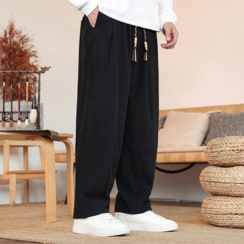 Fall Winter Men's Drawstring Corduroy Solid Pants With Pockets