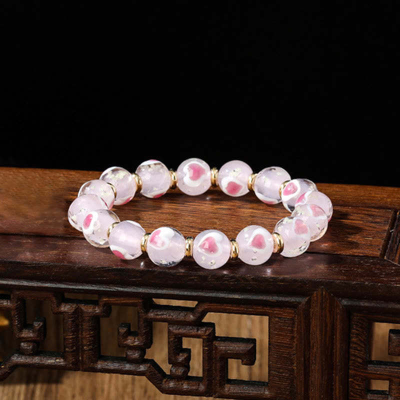 Gold Swallowing Beast Family Pink Love Heart Luminous Fluorescent Liuli Glass Bead Bracelet