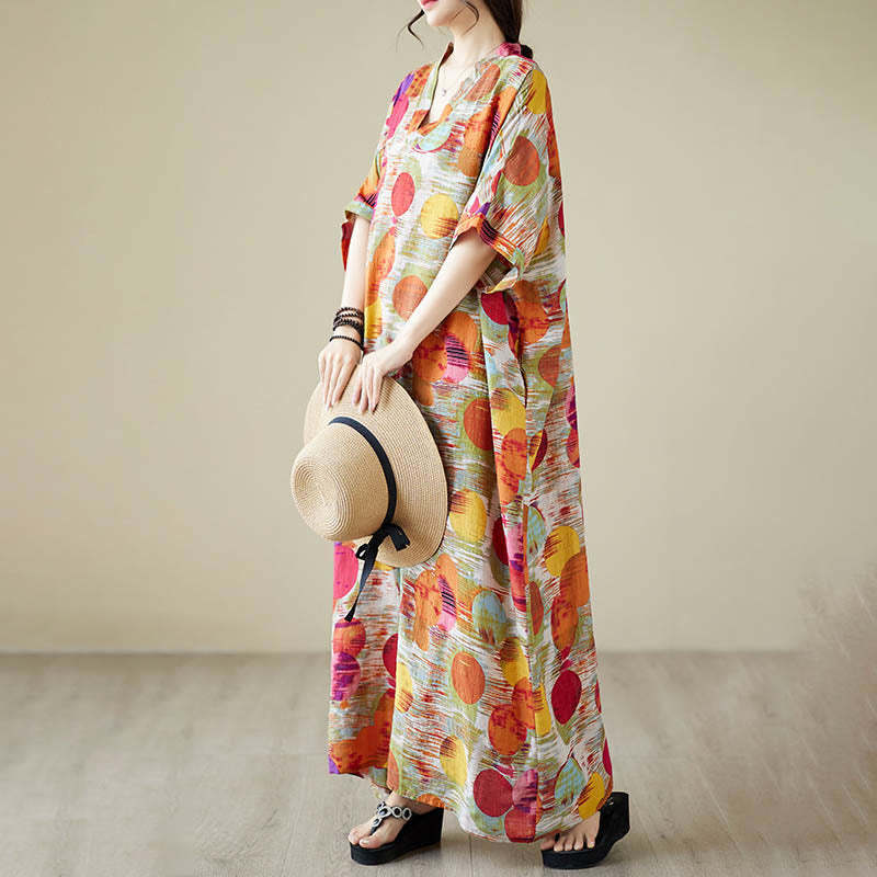 Orange Blue Colorful Polka Dots Midi Dress Cotton Half Sleeve Dress With Pockets