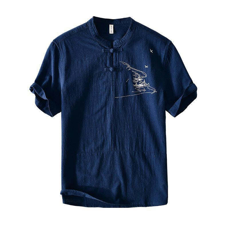 Frog-button Mandarin Collar Embroidery Cotton Linen Short Sleeve Men's Shirt