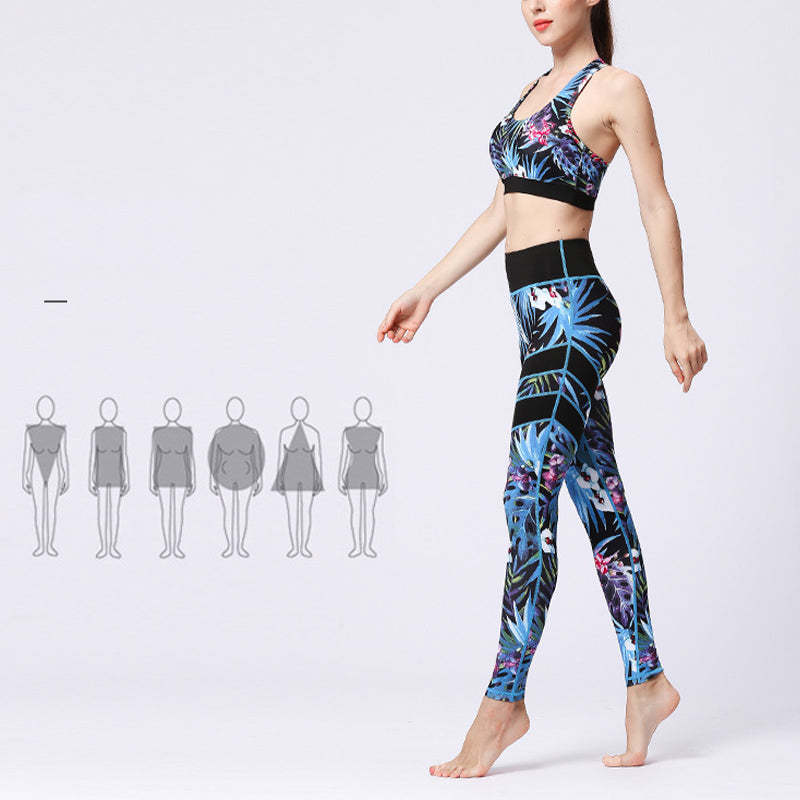 2Pcs Sunflower Flowers Leaves Print Top Pants Sports Fitness Yoga Women's Yoga Sets
