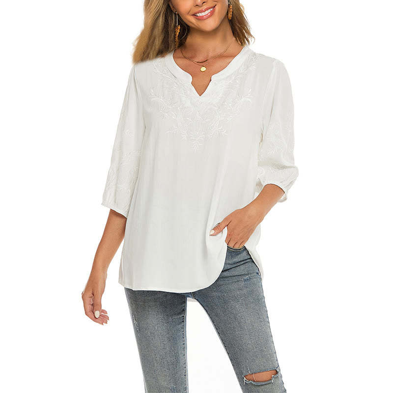 Casual Solid Color Embroidery Flower Three Quarter Sleeve V-Neck Cotton Women's T-Shirt