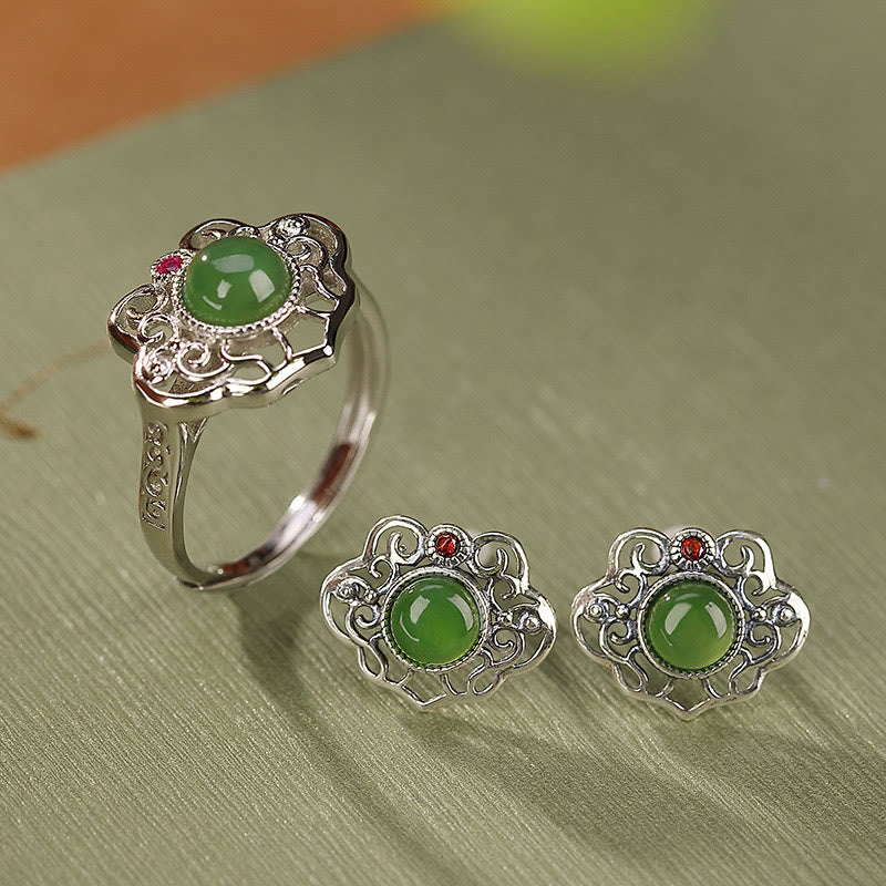 925 Sterling Silver Natural Hetian Cyan Jade Hollow Design Luck Ring Earrings Set
