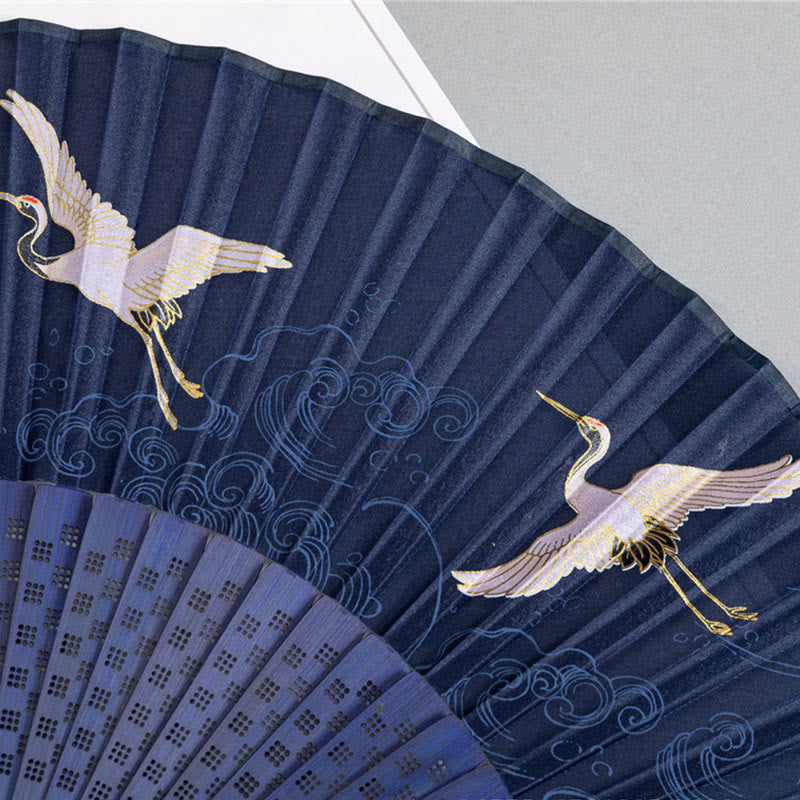 Crane Dragonfly Lotus Peony Plum Blossom Butterfly Handheld Silk Bamboo Folding Fan 22.5cm