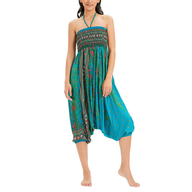 Two Style Wear Peacock Feather Loose Smocked Harem Trousers Jumpsuit High Waist Pants
