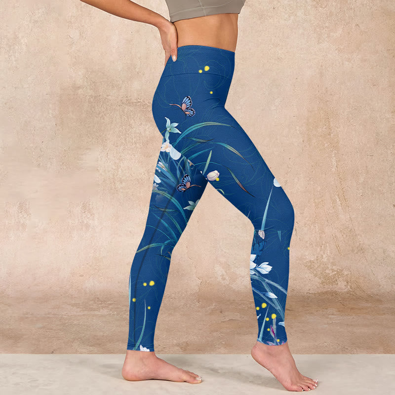 SteelBlue Small White Flowers Butterfly Exercise Leggings Women's Yoga Pants