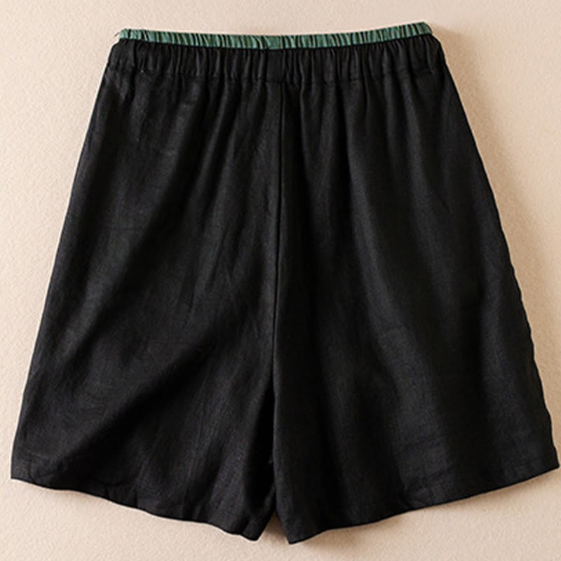 Wild Simple Design Embroidery Drawstring Cotton Linen Women's Shorts With Pockets