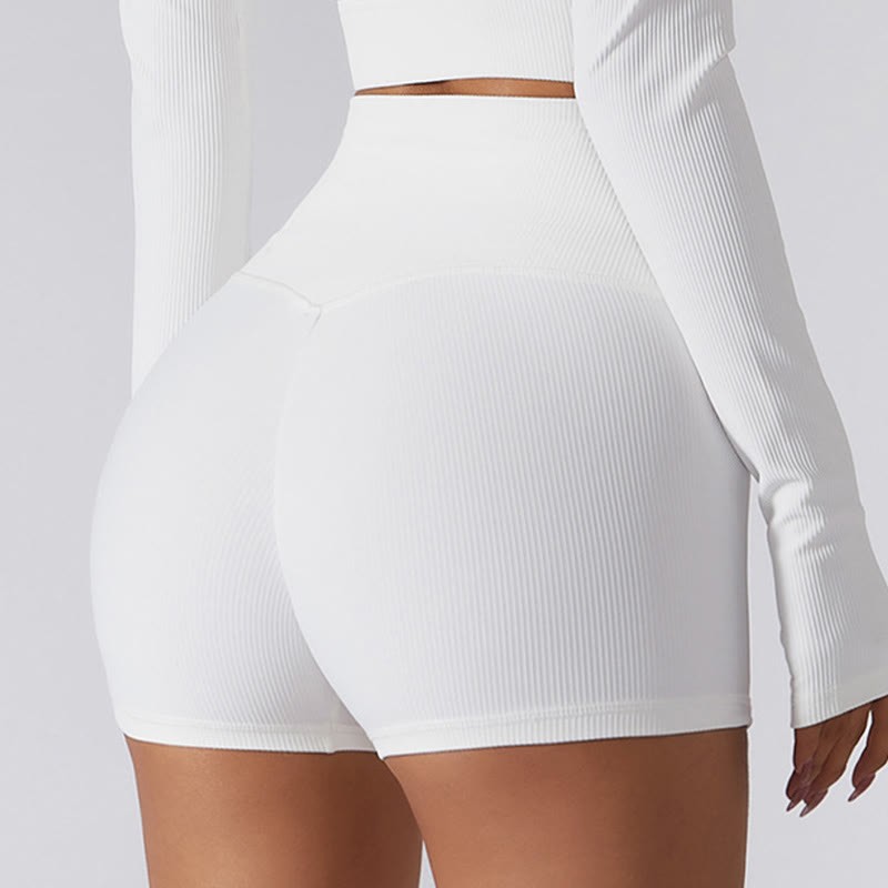 Ribbed Long Sleeve Crop Top T-shirt Shorts Sports Fitness Gym Yoga Outfits
