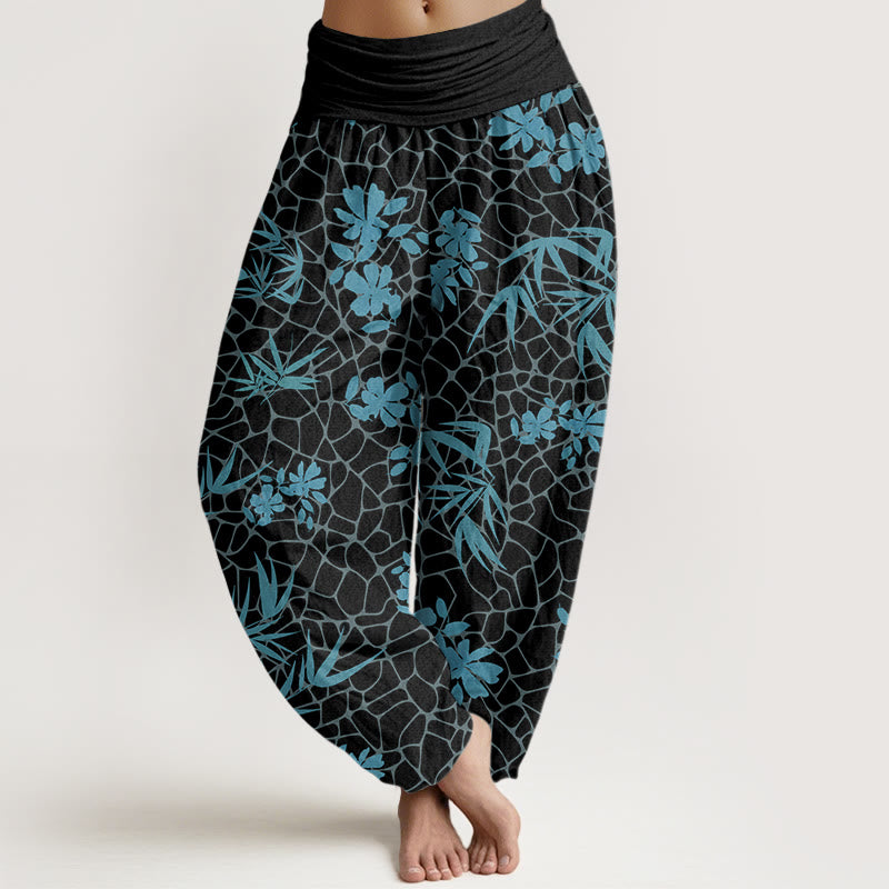 Bamboo Flowers Pattern Women's Elastic Waist Harem Pants