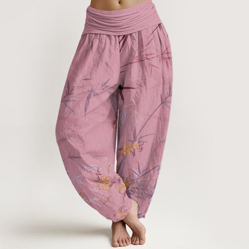 Blooming Flowers Bamboo?Pattern Women's Elastic Waist Harem Pants