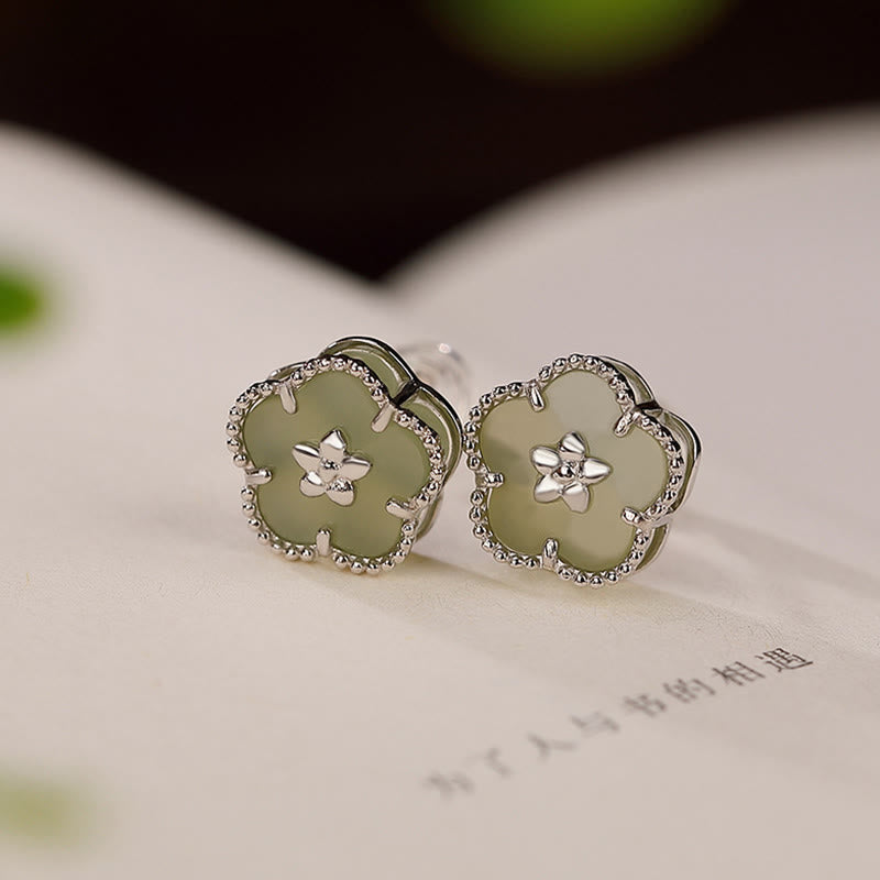 925 Sterling Silver Hetian Jade Plum Flower Luck Stud Earrings