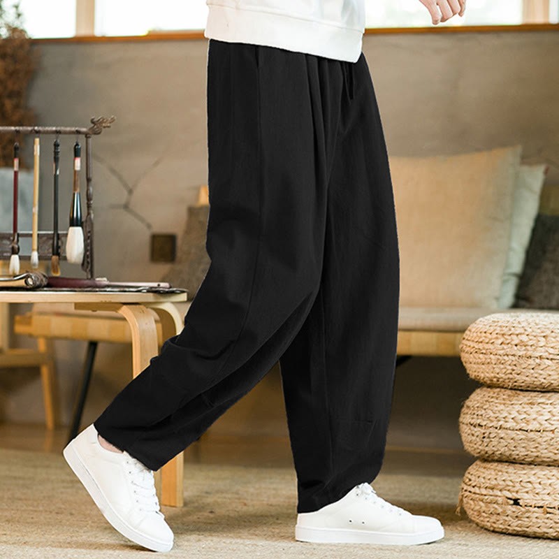 Solid Color Cotton Linen Drawstring Men's Harem Pants With Pockets
