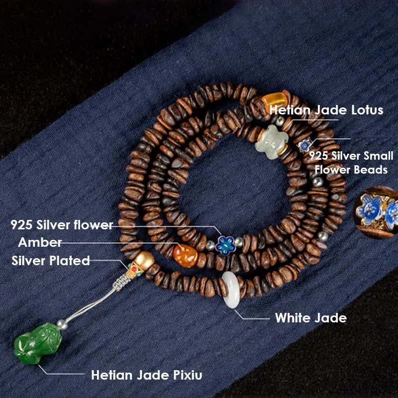 108 Mala Beads 925 Sterling Silver Brunei Agarwood Red Agate PiXiu Hetian Jade Peace Strength Bracelet