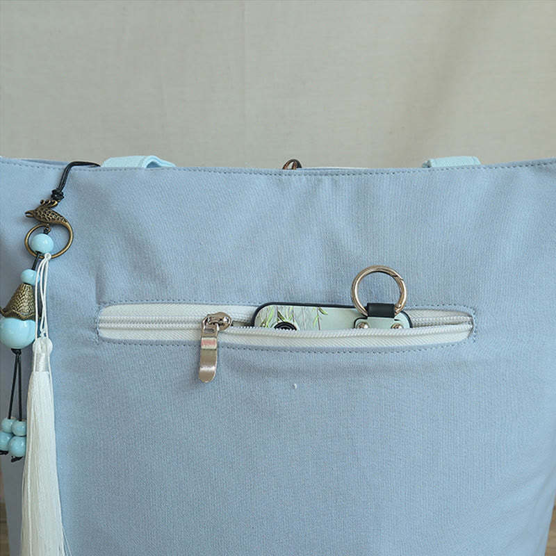 Pear Flower Plum Peach Blossom Bamboo Embroidery Canvas Large Capacity Shoulder Bag Tote Bag
