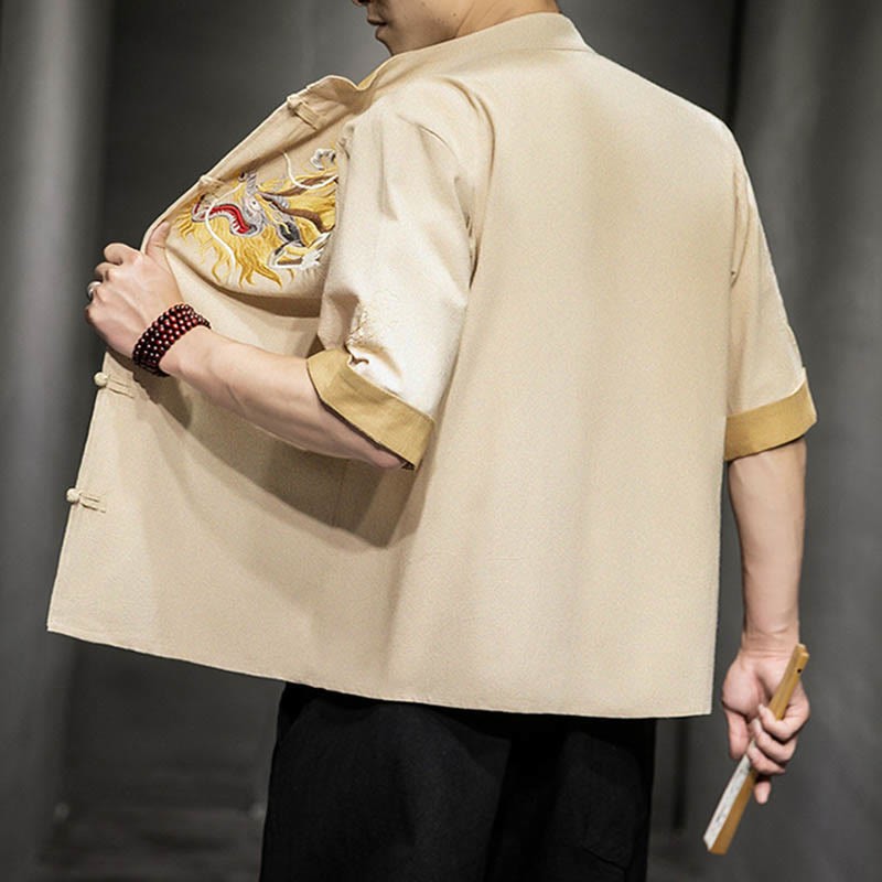 Frog-Button Chinese Dragon Auspicious Cloud Embroidery Half Sleeve Shirt Cotton Linen Men Clothing