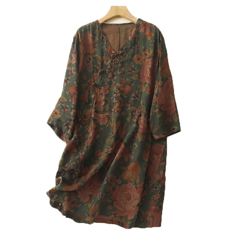 Casual Printing Button V Neck Cotton Linen Women's Shirts