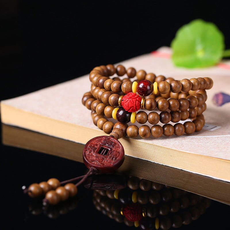 108 Mala Beads Peach Wood Bodhi?Seed Lotus Prayer Meditation Bracelet